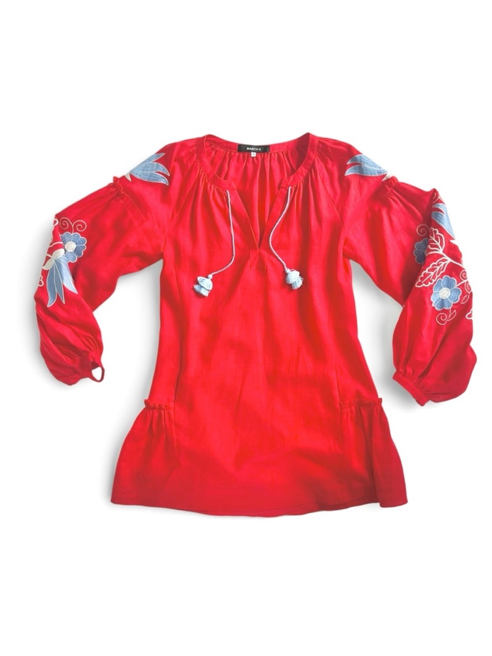 March11 Red Linen Embroidered Ruffle Puff Long Sleeve Mini Shift Dress xsmall